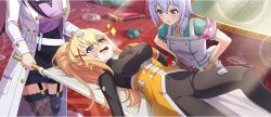 3girls armband belt black_bodysuit black_garter_straps black_skirt blonde_hair blue_eyes blush bodysuit braid breasts broken_glass brown_belt buttons chair chris_(konosuba) coat crown_braid darkness_(konosuba) debris double-breasted drooling earrings facial_scar fishnet_thighhighs fishnets game_cg garter_straps glass gloves green_shirt hair_ornament hand_on_own_chest hands_on_own_hips highres jewelry kono_subarashii_sekai_ni_shukufuku_wo! konosuba!_fantastic_days lab_coat large_breasts lens_flare lying melissa_(konosuba) mouth_drool multiple_girls necktie official_art on_back open_clothes open_coat open_mouth pink_armband purple_eyes purple_hair purple_skirt rug safety_pin scar scar_on_cheek scar_on_face shirt short_hair simulated_facial skin_tight skirt small_breasts smile sparkle stretcher suggestive_fluid test_tube thighhighs third-party_source underbust white_coat white_gloves x_hair_ornament yellow_necktie zettai_ryouiki