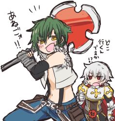 2boys :d armor axe belt belt_pouch black_gloves blue_pants blush breastplate brown_belt brown_tabard cape cowboy_shot crop_top cross cross_of_prontera doroidsan elbow_gloves fingerless_gloves gloves green_hair grey_hair holding holding_axe howard_alt-eisen looking_at_viewer lord_knight_(ragnarok_online) male_focus multiple_boys open_clothes open_mouth open_shirt pants pauldrons pouch ragnarok_online red_cape red_eyes seyren_windsor shirt short_hair shoulder_armor simple_background sleeveless sleeveless_shirt smile solo_focus spiked_gauntlets suspenders tabard translation_request v-shaped_eyebrows vambraces white_background white_shirt whitesmith_(ragnarok_online) yellow_eyes