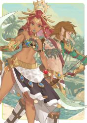 1boy 1girl arrow_(projectile) bare_shoulders blonde_hair blue_lips closed_mouth dark-skinned_female dark_skin earrings feet_out_of_frame gerudo green_eyes highres holding holding_arrow holding_sword holding_weapon ivy_(sena0119) jewelry link looking_at_viewer medium_hair narrow_waist navel nintendo pointy_ears red_hair riju short_male stomach sword the_legend_of_zelda the_legend_of_zelda:_tears_of_the_kingdom weapon young_face
