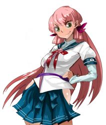&gt;:) 1girl akashi_(kancolle) bad_id bad_tumblr_id bare_hips blue_sailor_collar blue_skirt breasts closed_mouth double_horizontal_stripe eyes_visible_through_hair green_eyes hair_ribbon hand_on_own_hip highres hip_vent kantai_collection large_breasts layered_sleeves long_hair long_sleeves miniskirt pink_hair pink_ribbon pleated_skirt raichiyo ribbon sailor_collar shirt simple_background skirt smile solo standing v-shaped_eyebrows very_long_hair white_background white_shirt