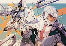 1boy amuro_ray brown_eyes brown_hair char&#039;s_counterattack cockpit fin_funnels gloves green_eyes gundam helmet highres kare_(0621utak) looking_ahead mecha mecha_pilot_suit mobile_suit normal_suit_(gundam) nu_gundam pilot_suit robot science_fiction sitting smile v-fin v-shaped_eyebrows white_gloves