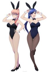 2girls :d absurdres animal_ears blue_hair breasts fake_animal_ears full_body glasses high_heels highres large_breasts leotard looking_at_viewer megami_no_cafe_terrace multiple_girls open_mouth orange_eyes orange_hair pantyhose playboy_bunny ponytail rabbit_ears smile strapless strapless_leotard tsuruga_ami v white_background yisusjpl yoshino_hekiru