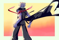 1boy arm_ribbon armor black_pants blonde_hair clenched_hand cloud_strife commentary emi-bianchi english_commentary final_fantasy final_fantasy_vii final_fantasy_vii_advent_children floating_cape floating_clothes from_behind highres male_focus pants pauldrons ribbon short_hair shoulder_armor single_pauldron spiked_hair standing wind