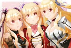 1girl alisa_reinford border bow bowtie breasts choker cleavage double-parted_bangs earrings eiyuu_densetsu floating_hair hair_between_eyes highres jewelry kurukuru_mekuru large_breasts long_hair pink_background red_bow red_bowtie red_eyes school_uniform sen_no_kiseki sen_no_kiseki_(series) sen_no_kiseki_i sen_no_kiseki_ii sen_no_kiseki_iii sideburns simple_background smile thors_military_academy_class_vii_uniform twintails white_border