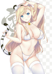 1girl animal_ears arm_up bell bikini blonde_hair blue_eyes breasts checkered_background chinese_zodiac cleavage commentary_request contrapposto fake_animal_ears hataraki_kuma highleg highleg_bikini jingle_bell large_breasts long_hair looking_at_viewer original smile solo standing swimsuit tail thighhighs tiger_ears tiger_tail white_bikini white_thighhighs year_of_the_tiger