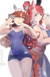 1girl absurdres alternate_costume animal_ears breasts brown_hair collarbone commentary_request dated fellatio_gesture hair_between_eyes hair_ornament highres horse_ears horse_girl horse_tail large_breasts looking_at_viewer loves_only_you_(umamusume) penetration_gesture red_hair school_swimsuit still_in_love_(umamusume) swimsuit tail tongue tongue_out umamusume veil white_background wista