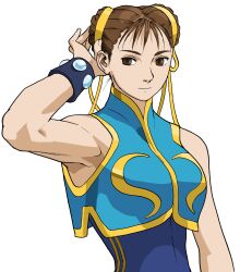 1girl adjusting_hair animification bare_shoulders bengus blue_bodysuit bodysuit bracelet breasts brown_eyes brown_hair bun_cover capcom chinese_clothes chun-li closed_mouth double_bun dress from_side frown game_cg hair_bun hair_ribbon highres jewelry light_smile non-web_source official_art portrait ribbon short_hair simple_background sleeveless sleeveless_bodysuit solo street_fighter street_fighter_zero_(series) unitard upper_body white_background