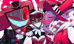1girl 2boys ama0805 coat colored_skin demon_boy dress fur-trimmed_coat fur_trim hazbin_hotel heart heart-shaped_eyewear highres multiple_boys pink_coat pink_dress purple_skin red_eyes sharp_teeth teeth twintails valentino_(hazbin_hotel) velvette_(hazbin_hotel) vox_(hazbin_hotel)