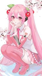 1girl absurdres arm_tattoo blush boots cherry_blossoms cherry_hair_ornament detached_sleeves flower food-themed_hair_ornament hair_between_eyes hair_ornament hatsune_miku headphones highres long_hair long_sleeves m1k0to_zz miniskirt number_tattoo parted_lips pink_boots pink_hair pink_skirt pink_sleeves red_eyes sakura_miku skirt solo spring_(season) squatting tattoo thigh_boots thighhighs twintails very_long_hair vocaloid white_background white_flower zettai_ryouiki