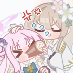 &gt;_&lt; 2girls anger_vein animated animated_gif blue_archive blue_bow blue_bowtie bow bowtie brown_hair cake chibi closed_eyes closed_mouth feeding flower flying_sweatdrops food force-feeding hair_bun hair_flower hair_ornament halo hand_on_another&#039;s_head horuhara long_hair long_sleeves lowres mika_(blue_archive) multiple_girls nagisa_(blue_archive) pink_hair pink_halo single_side_bun smile swiss_roll tearing_up white_flower