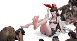 1girl 6+boys arm_support bare_legs barefoot bikini black_hair black_nails blue_shorts bow bra breasts camera cellphone cleavage crossed_legs denim denim_shorts faceless faceless_male feet foot_focus foreshortening highres holding holding_camera legs long_hair looking_at_viewer makeup medium_breasts multiple_boys mumuy nail_polish navel open_clothes original phone recording short_shorts shorts simple_background sitting smartphone soles solo_focus spread_toes swimsuit taking_picture toenail_polish toenails toes tongue tongue_out underwear v white_background
