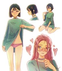 Rule 34 | 2girls, alien stage, black hair, blush, bob cut, brown eyes, choker, clothes lift, commentary, dress, dress lift, glasses, grey choker, grey dress, hashtag-only commentary, highres, long hair, mizi (alien stage), multiple girls, panties, pink hair, pink panties, purple eyes, short hair, sitting, sua (alien stage), underwear, wariza, whitebeepink, yuri