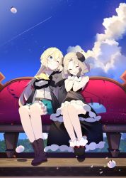 2girls 4others :d ;) aizawa_azusa ankle_boots ascot bare_shoulders benio_(dontsugel) black_dress black_gloves blonde_hair blue_eyes blush boots braid choker closed_eyes cloud cloudy_sky couch demon_girl demon_tail dress drill_hair footwear_bow french_braid full_body gloves hair_between_eyes hands_on_own_cheeks hands_on_own_face happy highres horns juliet_sleeves long_hair long_sleeves multiple_girls multiple_others one_eye_closed open_mouth outdoors parted_bangs petticoat provato_pecora_aries puffy_sleeves shoes short_hair sitting skirt sky slime_(creature) slime_taoshite_300_nen_shiranai_uchi_ni_level_max_ni_nattemashita smile tail very_long_hair waist_cape wool |_|