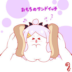 &gt;_&lt; 1other ahoge blue_archive blush bread bread_slice chibi closed_eyes disembodied_hand facing_viewer flying_sweatdrops food grey_hair hair_ornament hairclip halo highres hina_(blue_archive) horns kurukurumagical long_hair open_mouth parted_bangs solo translation_request v-shaped_eyebrows very_long_hair white_background