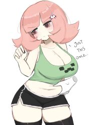 1girl bare_shoulders black_shorts black_thighhighs breasts cleavage creeper danganronpa_(series) danganronpa_2:_goodbye_despair flipped_hair galaga grabbing_another&#039;s_stomach green_shirt green_tank_top hair_ornament highres large_breasts long_hair m3link minecraft mole mole_on_breast nanami_chiaki navel pink_eyes pink_hair shirt shorts simple_background solo_focus tank_top taut_clothes taut_shorts thighhighs