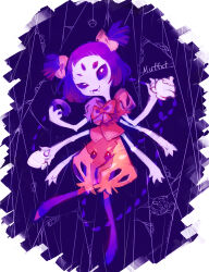 1girl absurdres character_name cup donut extra_arms extra_eyes fangs food full_body highres holding holding_cup holding_donut holding_food holding_teapot kitaya looking_at_viewer muffet open_mouth pale_skin pink_shirt puffy_shorts purple_eyes shirt short_hair shorts solo teacup teapot undertale