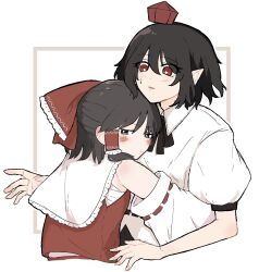 2girls bare_shoulders black_eyes black_hair blush bow chest_sarashi collared_shirt detached_sleeves embarrassed hair_tubes hakurei_reimu hat highres hug medium_hair multiple_girls pointy_ears red_bow red_eyes red_shirt sarashi shameimaru_aya shirt short_sleeves surprised tktkhappymchyru tokin_hat touhou upper_body white_background white_shirt