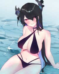 1girl absurdres asymmetrical_horns bikini black_bikini black_hair black_horns blue_hair blush breasts cleavage collarbone highres hololive hololive_english horns hoshiiii_art large_breasts long_hair mole mole_under_eye multicolored_hair navel nerissa_ravencroft parted_lips purple_eyes smile solo swimsuit two-tone_hair uneven_horns virtual_youtuber water