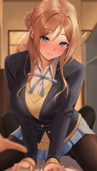 1boy 1girl absurdres arisugawa_ya black_pantyhose blue_jacket blue_ribbon blue_skirt blush breasts gakuen_idolmaster hatsuboshi_gakuen_school_uniform heart heart-shaped_pupils hetero highres himesaki_rinami idolmaster jacket large_breasts long_hair long_sleeves looking_at_viewer miniskirt neck_ribbon pantyhose pov ribbon school_uniform shirt sitting sitting_on_person skirt sweater symbol-shaped_pupils white_shirt yellow_sweater
