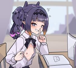 Rule 34 | 1girl, black hairband, blue eyes, breasts, chair, desk, diamond hairband, finger to mouth, gradient hair, hairband, heart, heart-shaped pupils, hololive, hololive english, index finger raised, looking at viewer, moral cacoethes, multicolored hair, ninomae ina&#039;nis, ninomae ina&#039;nis (school uniform), nipples, notebook, official alternate costume, official alternate hairstyle, on chair, orange hair, pink hair, pointy ears, purple hair, school chair, school desk, school uniform, shirt, shushing, side ponytail, sitting, small breasts, solo, symbol-shaped pupils, takodachi (ninomae ina&#039;nis), tentacle hair, virtual youtuber, white shirt