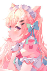 1girl :3 absurdres ahoge animal_ears animal_print black_choker blush bow braid breasts cat_choker cat_ears cat_girl cat_print choker closed_mouth collared_dress commentary dress extra_ears fish_hair_ornament from_side ghost_hair_ornament hair_bow hair_ornament hairclip highres indie_virtual_youtuber long_hair maid maid_headdress o-ring o-ring_choker paw_print pink_bow pink_dress pink_eyes pink_hair short_sleeves simple_background smile solo virtual_youtuber white_background white_wrist_cuffs wing_hair_ornament wrist_cuffs y_w_uuu yuuki_sakuna yuuki_sakuna_(1st_costume)