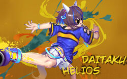 1girl absurdres animal_ears bead_bracelet beads belt blue_boots blue_hair boots bracelet brown_hair character_name colored_inner_hair cutoffs daitaku_helios_(umamusume) ear_covers ear_ornament ear_piercing english_text foot_out_of_frame highres horse_ears horse_girl horse_tail jewelry kenny_(user_tewr7337) medium_hair multicolored_hair multicolored_nails nail_polish open_mouth paint piercing running shirt short_sleeves shorts side_ponytail sidelocks smile solo standing standing_on_one_leg streaked_hair street_fighter street_fighter_6 striped_clothes striped_shirt sunglasses tail tied_shirt umamusume white_belt white_shorts yellow-framed_eyewear yellow_background