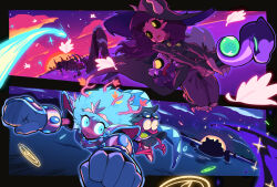 2boys 2girls absurdres amphibia anne_boonchuy armor black_fur black_sclera blue_eyes blue_hair claws colored_sclera company_connection crossover dark-skinned_female dark_skin demogure demon_boy demon_horns eyebrow_cut fang flying frog_boy gloves glowing glowing_eyes glowing_hair glowing_leaves goggles goggles_on_head hat highres horns island king_clawthorne leaf leaf_on_head light_trail luz_noceda luz_noceda_(titan) mage_staff magic_circle midair moon multiple_boys multiple_girls night scar spoilers sprig_plantar stringbean_(the_owl_house) sunset the_owl_house witch_hat yellow_eyes