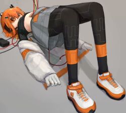1girl a.i._voice adachi_rei android black_pantyhose black_shirt body_bridge cable character_name clothes_lift commentary_request foreshortening full_body gloves grey_background grey_shorts headlamp headset hole_in_stomach jacket jacket_partially_removed long_sleeves looking_up mttskkbimkhrkn orange_eyes orange_hair pantyhose pantyhose_under_shorts photo-referenced radio_antenna shirt shirt_lift shoes short_hair shorts simple_background sneakers solo stomach utau white_gloves white_jacket white_shoes yoga