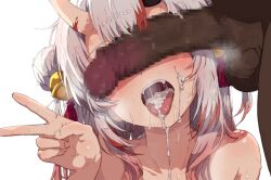1boy 1girl 2nd_generation_(hololive) absurdres after_ejaculation after_fellatio barichieiro bell blindfold blush commentary_request cum cum_in_mouth cum_on_body cumdrip fellatio gradient_hair hair_bell hair_ornament hetero highres hololive horns long_hair looking_at_viewer multicolored_hair nakiri_ayame nude obscured_eyes oni open_mouth oral penis skin-covered_horns streaked_hair testicles virtual_youtuber