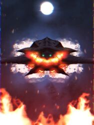 daiei_film embers energy exhaust fire flippers flying from_above full_moon gamera gamera_(series) gamera_3:_revenge_of_iris giant giant_monster glowing glowing_eyes glowing_mouth green_eyes highres kaiju looking_at_viewer monster moon night nnththraphy1 no_pupils plasma sea_monster sky smoke steam turtle tusks