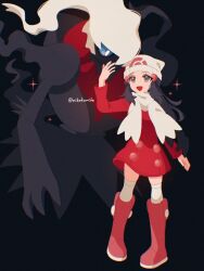 Rule 34 | 1girl, beanie, black background, black hair, blue eyes, blue hair, boots, breasts, coat, darkrai, dawn (pokemon), gen 4 pokemon, hair ornament, hairclip, hat, highres, legendary pokemon, long hair, mikakami1e, mythical pokemon, nintendo, open mouth, pink boots, poke ball print, pokemon, pokemon (creature), pokemon dppt, pokemon platinum, red coat, scarf, simple background, smile, white hat, white scarf
