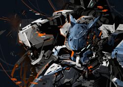 Rule 34 | armored core, armored core vi: fires of rubicon, battle damage, black background, blue eyes, humanoid robot, kuroihato, mecha, mecha focus, no humans, robot, science fiction, shoulder cannon, steel haze ortus, upper body, weapon, wire