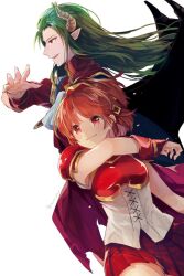 1boy 1girl armor ascot black_wings bridal_gauntlets brown_hair chest_guard closed_mouth coat commentary_request corset demon_boy demon_horns demon_wings doppelganger_arle fingernails frilled_ascot frills gloves green_hair high_collar high_ponytail horns kuroda_(kuro_yyy) long_fingernails long_hair parted_lips pauldrons pleated_skirt pointy_ears ponytail puyopuyo puyopuyo~n red_armor red_coat red_eyes red_gloves red_skirt satan_(puyopuyo) shoulder_armor simple_background skirt smile standing white_ascot white_background white_corset wings