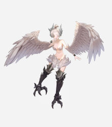 Rule 34 | 1girl, absurdres, armor, bare shoulders, bird legs, blush, breasts, cleavage, commentary, eh99, feathered wings, feathers, greaves, grey hair, harpy, head wings, high ponytail, highres, leg armor, medium breasts, midriff, monster girl, navel, one eye closed, original, ponytail, sabaton, short hair, short ponytail, simple background, solo, talons, tongue, tongue out, white background, white feathers, white hair, white wings, winged arms, wings, wrist guards, yellow eyes