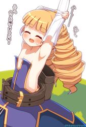1girl :d ^_^ absurdres archer_(disgaea) arm_behind_head armpits bare_shoulders blonde_hair blush breasts closed_eyes collarbone commentary_request detached_sleeves disgaea dress facing_viewer highres long_sleeves open_mouth purple_dress simple_background small_breasts small_sweatdrop smile solo strapless strapless_dress stretching sweat translation_request twitter_username white_background white_sleeves yuya090602