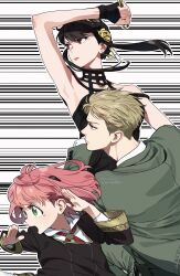 Rule 34 | 1boy, 2girls, anya (spy x family), armpits, black hair, blonde hair, commentary request, earrings, family, father and daughter, green eyes, hair ornament, highres, husband and wife, jewelry, mother and daughter, multiple girls, p notninjin, pink hair, red eyes, spy x family, twilight (spy x family), twitter username, yor briar