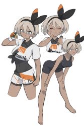 Rule 34 | 1girl, absurdres, barefoot, bea (pokemon), bent over, black bodysuit, black hairband, blonde hair, blush, bodysuit, bodysuit under clothes, bow hairband, breasts, candy, chocolate, chocolate bar, closed eyes, closed mouth, collared shirt, commentary request, dark-skinned female, dark skin, dynamax band, eyelashes, food, gloves, hair between eyes, hairband, highres, holding, holding poke ball, multiple views, nintendo, open mouth, partially fingerless gloves, poke ball, pokemon, pokemon swsh, print shirt, print shorts, shirt, short hair, short sleeves, shorts, side slit, side slit shorts, simple background, single glove, smile, toes, tongue, tsuneshima, ultra ball, white background