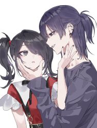 1boy 1girl ame-chan_(needy_girl_overdose) artist_request black_eyes black_hair black_nails black_ribbon black_shirt black_skirt collared_shirt cross cross_earrings ear_piercing earrings fingernails hair_over_one_eye hand_on_another&#039;s_cheek hand_on_another&#039;s_face hetero highres jewelry long_sleeves looking_at_another multicolored_nails nail_polish neck_ribbon needy_girl_overdose one_eye_covered original piercing ponytail red_nails red_shirt ribbon second-party_source shirt short_ponytail short_twintails sidelocks skirt suspender_skirt suspenders twintails two-tone_nails white_background