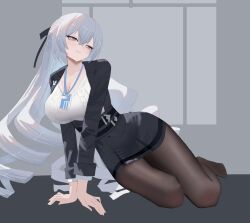 1girl absurdres black_pantyhose black_skirt black_vest breasts bronya_zaychik bronya_zaychik_(outstanding_attitude) bronya_zaychik_(silverwing:_n-ex) cleavage commentary_request drill_hair evil_king grey_hair grey_sweater highres honkai_(series) honkai_impact_3rd id_card indoors large_breasts long_hair no_shoes office_lady official_alternate_costume pantyhose pencil_skirt ribbed_sweater skirt solo sweater very_long_hair vest