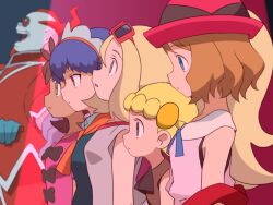 1boy 5girls absurdres blonde_hair blue_eyes blue_hair bonnie_(pokemon) brown_hair brown_shirt closed_mouth commentary_request empty_eyes expressionless from_side green_eyes grey_shirt hat highres hitsugi_mc korrina_(pokemon) looking_down miette_(pokemon) mind_control multiple_girls nintendo pink_shirt pokemon pokemon_(anime) pokemon_xy_(anime) red-framed_eyewear serena_(pokemon) shauna_(pokemon) shirt short_hair spotlight sunglasses team_flare xerosic_(pokemon)