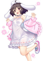 1girl :3 :d adapted_costume ahoge alternate_costume animal_ears bare_shoulders black_hair blush breasts coat floppy_ears foot_out_of_frame happy hataraki_kuma inaba_tewi medium_breasts off_shoulder open_mouth pink_coat pink_shoes rabbit_ears rabbit_tail shoes short_hair smile solo standing standing_on_one_leg tail touhou