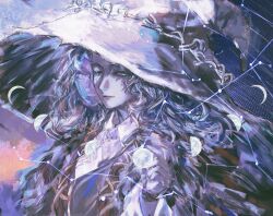 1girl blue_hair constellation elden_ring extra_faces from_side hat highres holding_orb kiousagi long_hair looking_at_viewer moon_phases one_eye_closed orb ranni_the_witch solo upper_body wavy_hair white_hat witch_hat