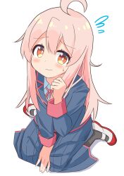 1girl ahoge between_legs black_socks blazer blue_jacket blue_skirt blush bright_pupils brown_eyes changaa closed_mouth collared_shirt flying_sweatdrops full_body furrowed_brow gradient_eyes hair_between_eyes hand_between_legs hand_up have_to_pee highres invisible_floor jacket long_hair long_sleeves looking_at_viewer looking_up multicolored_eyes neck_ribbon on_floor onii-chan_wa_oshimai! open_mouth oyama_mahiro pink_hair plaid_clothes plaid_skirt red_ribbon ribbon school_uniform shirt shoes simple_background sitting skirt socks solo sweatdrop tareme uwabaki wariza wavy_mouth white_background white_shirt yellow_eyes