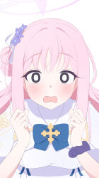 1girl absurdres blue_archive blue_bow blue_bowtie blush bow bowtie commentary fortysansan hair_bun halo hands_up highres long_hair mika_(blue_archive) o_o open_mouth pink_hair pink_halo solo upper_body very_long_hair white_background
