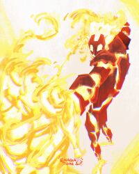 Rule 34 | 1boy, absurdres, alien, ben 10, chromatic aberration, commentary, enagatori 38, english commentary, fiery hair, fire, from behind, full body, glowing, heatblast, highres, lava, male focus, no humans, outstretched hand, sign, solo