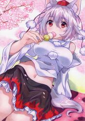 Rule 34 | 1girl, animal ear fluff, animal ears, bare shoulders, blush, breasts, brown skirt, cherry blossoms, commentary request, cowboy shot, dango, eating, falling petals, flower, food, food in mouth, frilled skirt, frills, grey hair, grey tail, hair between eyes, hand up, hat, highres, holding, holding food, inubashiri momiji, kittona, long sleeves, looking at viewer, medium breasts, midriff, miniskirt, navel, petals, pink flower, pom pom (clothes), red eyes, red skirt, shirt, short hair, sitting, skirt, sleeveless, sleeveless shirt, solo, tail, tokin hat, touhou, traditional media, wagashi, watercolor pencil (medium), white shirt, white sleeves, wide sleeves