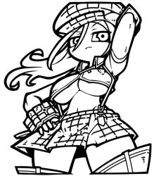 1girl alisa_ilinichina_amiella arm_behind_head arm_up breasts closed_mouth floating_hair frown god_eater god_eater_burst hand_on_own_hip hat large_breasts lineart long_hair miniskirt monochrome name_omoitukan2 navel simple_background skirt solo suspender_skirt suspenders thick_lineart underboob white_background