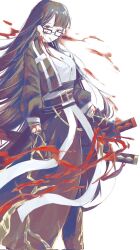 1girl black_coat black_gloves black_hair blood cigarette coat contempt_awe_(e.g.o) e.g.o_(project_moon) full_body glasses gloves highres holding holding_sword holding_weapon limbus_company long_hair looking_at_viewer project_moon red_eyes ryoshu_(project_moon) shirt simple_background slw1857 smoking solo standing sword very_long_hair weapon white_background white_shirt