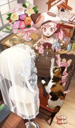 1girl blush bouquet breasts brown_dress brown_gloves cat chair choker dress fate/grand_order fate_(series) flower gloves habetrot_(fate) hat hirai_yukio long_hair long_sleeves mannequin official_art open_mouth pink_hair pointy_ears red_eyes shirt side_ponytail sidelocks small_breasts smile veil very_long_hair white_hat white_shirt