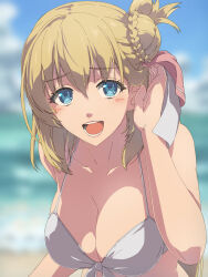 1girl agnes_claudel beach bikini blonde_hair blue_eyes blue_sky blurry blurry_background blush breasts bun_with_braided_base chiharu_(9654784) cleavage cloud double-parted_bangs eiyuu_densetsu front-tie_bikini_top front-tie_top hair_between_eyes hair_bun highres kuro_no_kiseki kuro_no_kiseki_(series) kuro_no_kiseki_ii large_breasts long_hair looking_at_viewer ocean open_mouth outdoors sky smile solo swimsuit white_bikini